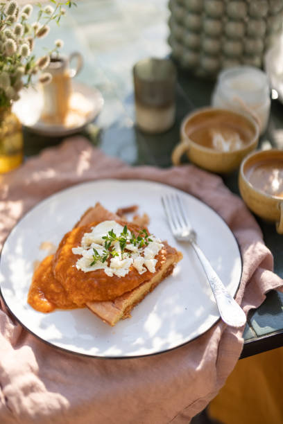 istock Delicious breakfast on terrace with omelette 1327795900