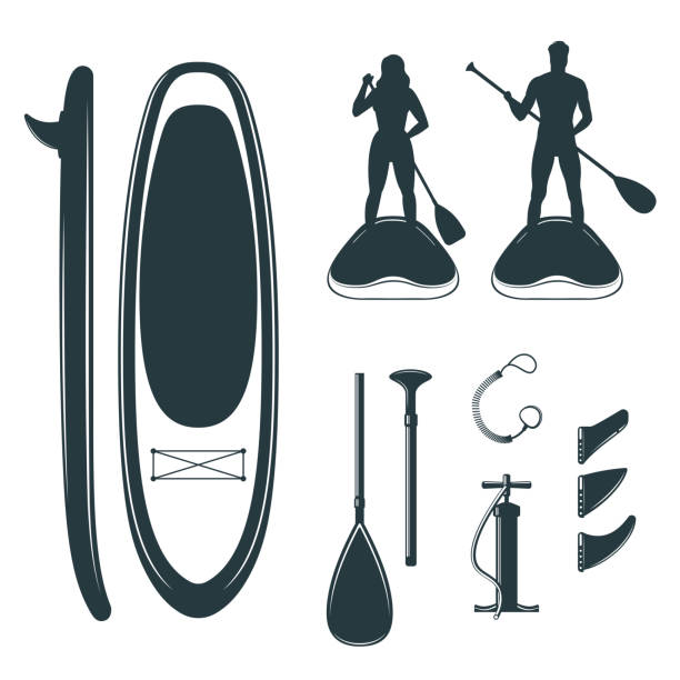 A stand up paddle board design elements Set of stand up paddle board design elements. Inflatable board, paddle, pump, and silhouettes of people on SUP. Vector illustration in black and white style paddleboard stock illustrations