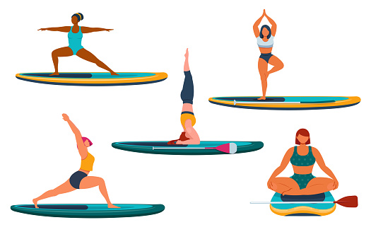 SUP Yoga. Women doing different asanas and exercises on a stand up paddle board. Vector illustration