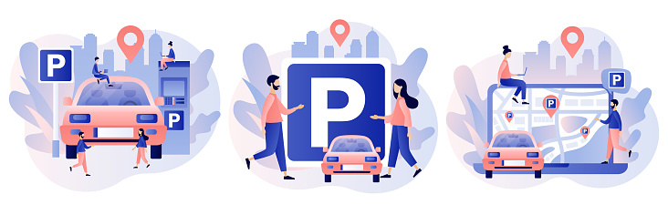 Car in Parking area. Public car-park. Urban transport. Road sign. Tiny people looking for parking space, park automobile. Modern flat cartoon style. Vector illustration