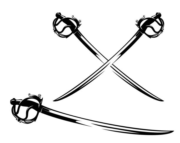 illustrazioni stock, clip art, cartoni animati e icone di tendenza di antico set di design vettoriale lama di sciabola in bianco e nero - sword