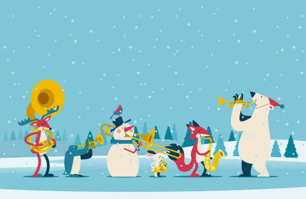 ilustraciones, imágenes clip art, dibujos animados e iconos de stock de banda de navidad - holiday card