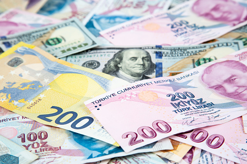 Papel moneda turco, euro y dólar photo