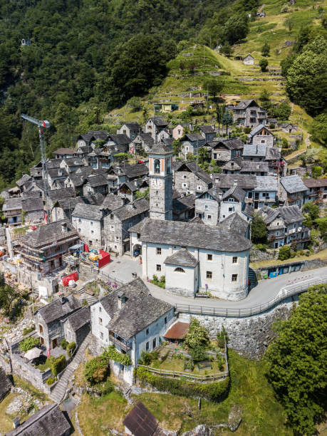 Aerial image with drone of the mountain village Corippo Aerial image with drone of the mountain village Corippo - the smallest commune in Canton Ticino, Switzerland vogorno stock pictures, royalty-free photos & images
