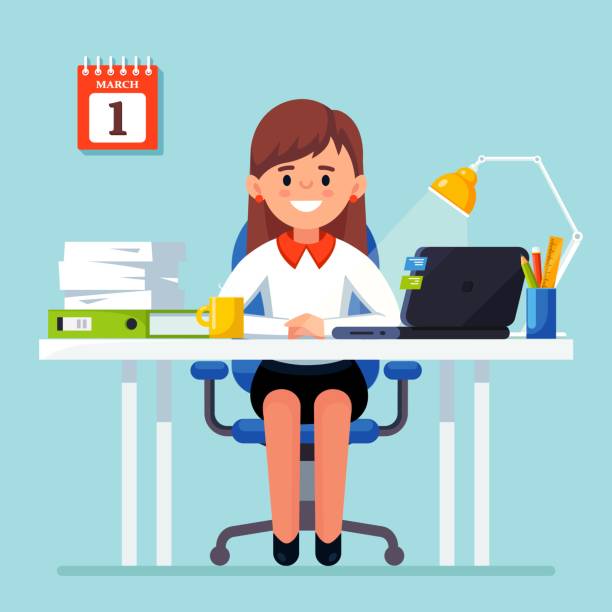 Business woman working at desk. Office interior with computer, laptop, documents, table lamp, coffee. Manager sitting on chair. Workplace for worker, employee. Vector illustration Business woman working at desk. Office interior with computer, laptop, documents, table lamp, coffee. Manager sitting on chair. Workplace for worker, employee. Vector illustration secretary stock illustrations