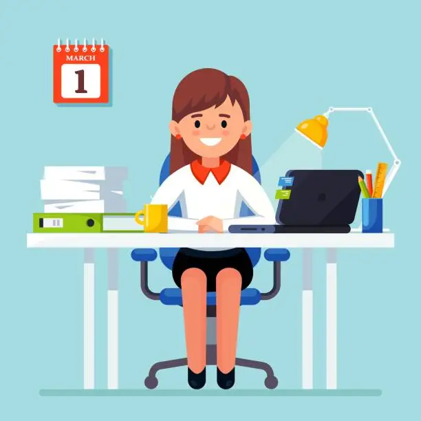 Vector illustration of Business woman working at desk. Office interior with computer, laptop, documents, table lamp, coffee. Manager sitting on chair. Workplace for worker, employee. Vector illustration