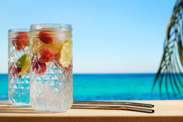 Hard seltzer cocktails, blue sea on background Summer cocktails, beach bar and sea resort concept. Two drinking glasses of hard seltzer cocktails with strawberry, lime and lemon . Copy space. soda water glass lemon stock pictures, royalty-free photos & images