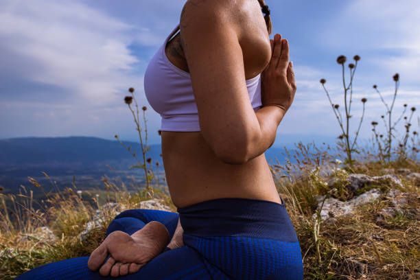 elastyczna młoda kobieta praktykująca jogę w pozycji lotosu - zen like nature breathing exercise sitting zdjęcia i obrazy z banku zdjęć
