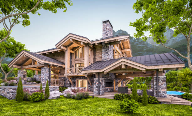 3d rendering of modern cozy chalet in evening stock photo