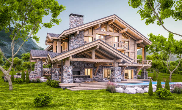istock 3d rendering of modern cozy chalet in evening 1327809087