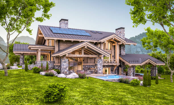 istock 3d rendering of modern cozy chalet in evening 1327809142