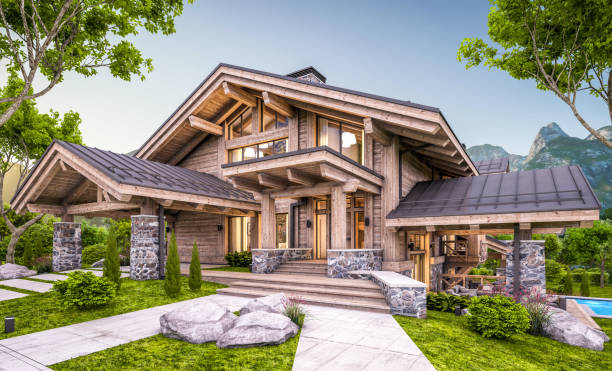 istock 3d rendering of modern cozy chalet in evening 1327809346