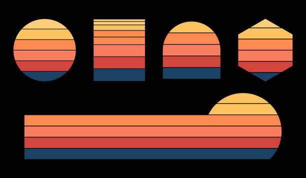 ilustraciones, imágenes clip art, dibujos animados e iconos de stock de puesta de sol vintage ambientada con diferentes formas. colección retro sunset estilo 70s 80s. - striped shirt