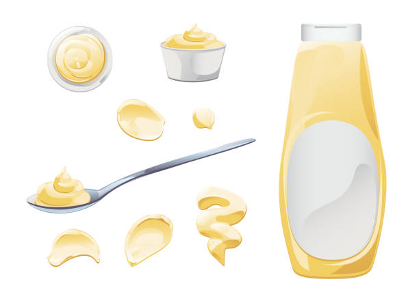illustrations, cliparts, dessins animés et icônes de mayonnaise dans un bol, bouteille et taches réglées. - bavarian cream