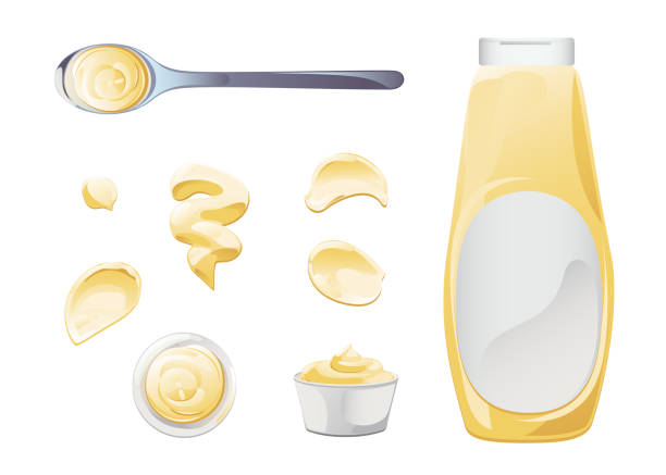 ilustraciones, imágenes clip art, dibujos animados e iconos de stock de mayonesa en bol, botella y teñidas. - bavarian cream