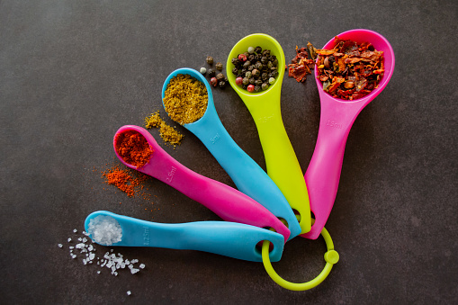 Close-up of multicolored measuring spoons of pink, blue and yellow-green colors and different sizes with spices: chili flakes, a mix of pepper peas, curry, paprika and coarse sea salt.