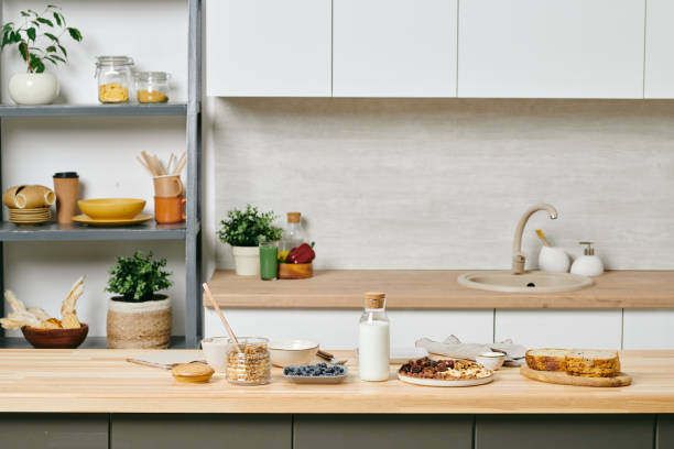 istock Group of ingredients for healthy breakfast on kitchen table 1327818042