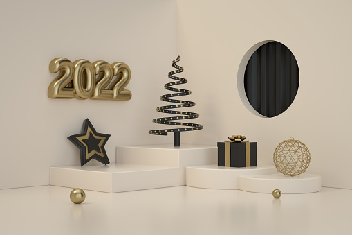 3d renderings of 2022 New Year, Christmas ornaments, Happy New year, Countdown,  beginnings, calendar, podium, staircase. Cream colored.