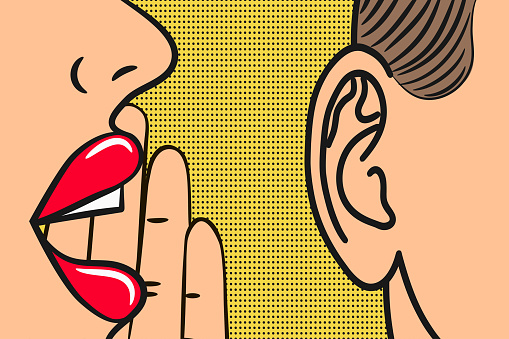 Woman lips with hand whispering in mans ear with speech bubble. Pop Art style, comic book illustration. Secrets and gossip concept. Vector.