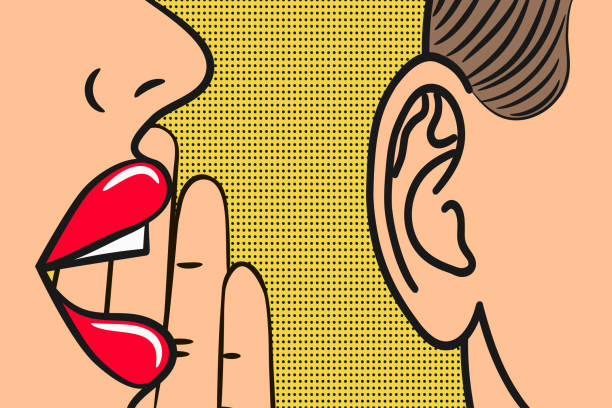 Woman lips with hand whispering in mans ear with speech bubble. Pop Art style, comic book illustration. Secrets and gossip concept. Woman lips with hand whispering in mans ear with speech bubble. Pop Art style, comic book illustration. Secrets and gossip concept. Vector. gossip stock illustrations