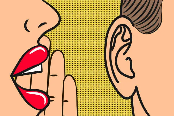 Vector illustration of Woman lips with hand whispering in mans ear with speech bubble. Pop Art style, comic book illustration. Secrets and gossip concept.
