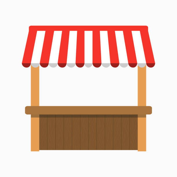 straßenstand mit markise. kiosk mit holzregal. vektor - marktstand stock-grafiken, -clipart, -cartoons und -symbole