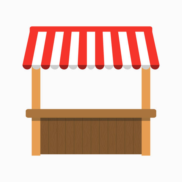 Street stall with awning. Kiosk with wooden rack. Vector Street stall with awning. Kiosk with wooden rack. Vector illustration. market stall stock illustrations