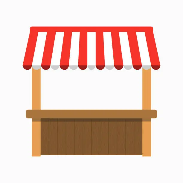 Vector illustration of Street stall with awning. Kiosk with wooden rack. Vector