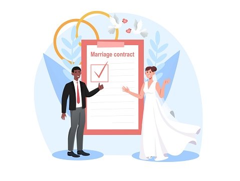 Smiling bride and groom are signing marriage contract together. Happy couple getting married and signing marriage contract or prenuptial agreement form on clipboard. Flat cartoon vector illustration