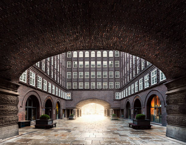 Hamburg, Germany - Jan 04, 2020:Chilehaus building courtyard - Hamburg, Germany