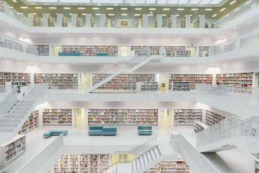 Stuttgart, Germany - Dec 18, 2019: Stuttgart Public Library Interior (Stadtbibliothek Stuttgart) - Stuttgart, Germany