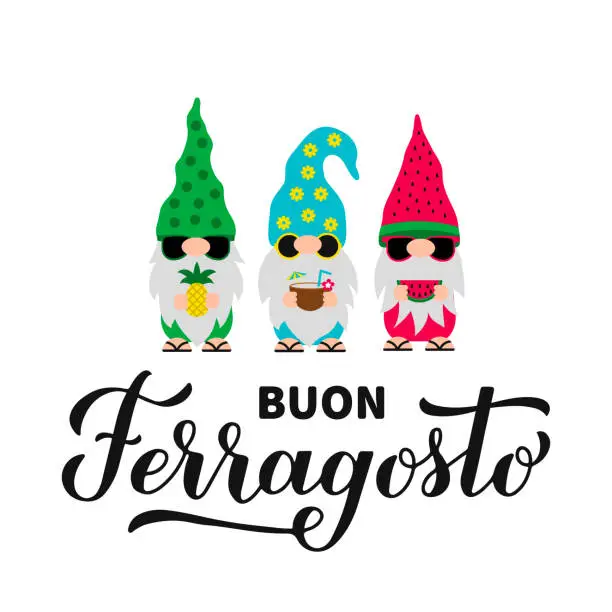 Vector illustration of Buon Ferragosto calligraphy hand lettering with cute gnomes. Happy August Festival in Italian. Traditional summer holiday in Italy. Vector template for typography poster, banner, invitation