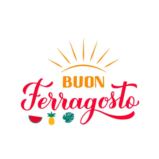 Vector illustration of Buon Ferragosto calligraphy hand lettering. Happy August Festival in Italian. Traditional summer holiday in Italy. Vector template for typography poster, banner, card, invitation, sticker