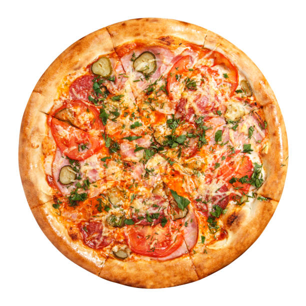 istock Pizza with tomato, bacon, cheese, lightly salted cucumbers with herbs overhead view isolated on white background 1327824204