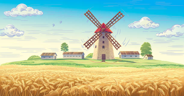 Rural landscape with windmill Rural landscape with mill and with rural buildings and with ears of wheat in the foreground. flour mill stock illustrations