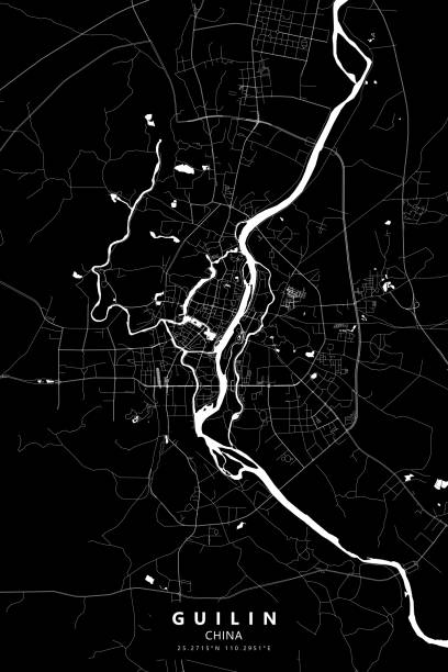 Guilin, China Vector Map Poster Style Topographic / Road map of Guilin, China. Original map data is open data via © OpenStreetMap contributors. All maps are layered and easy to edit. Roads are editable stroke. guilin hills stock illustrations