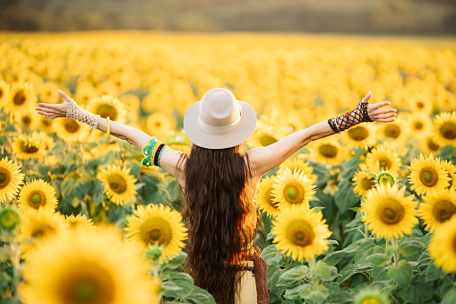 Happy mid adult woman walking in sunflower field raising hands and having fun