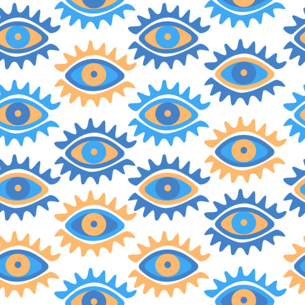 illustrazioni stock, clip art, cartoni animati e icone di tendenza di occhi aperti, modello senza soluzione di continuità vettoriale doodle - human eye cartoon looking blue eyes