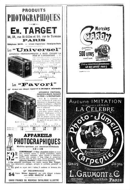 ilustrações de stock, clip art, desenhos animados e ícones de ads in french magazine 1889 including photographic equipment - camera engraving old retro revival