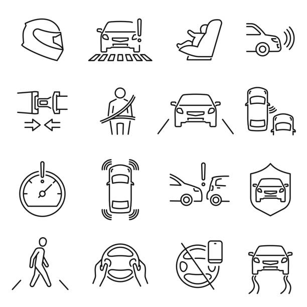 흑백 선형 안전 주행 아이콘 세트 벡터 일러스트레이션. 절연 된 자동차 안전 관련 개요 - 차 stock illustrations