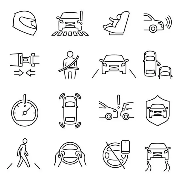 Vector illustration of Monochrome linear safe driving icon set vector illustration. Outline car safety related isolated