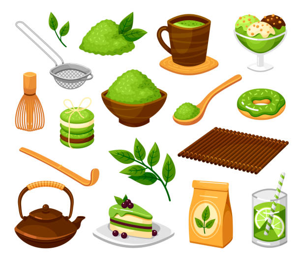 ilustrações de stock, clip art, desenhos animados e ícones de collection of matcha products isometric vector cartoon illustration organic plant food and drinks - abir