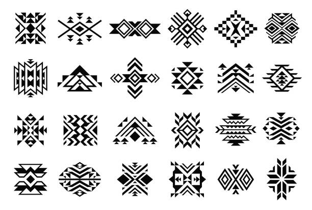 Monochrome simple tribal elements set vector illustration ethnic ornament with arrow and angle Monochrome simple tribal elements set vector illustration. Collection different ethnic ornament with arrow and angle geometric shape isolated on white. Native abstract symbols for magical imagination tribal tattoos stock illustrations