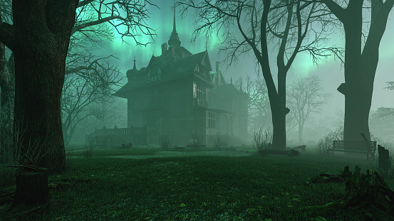 Antigua mansión abandonada embrujada en un espeluznante bosque nocturno con ambiente de niebla fría, renderizado en 3D photo