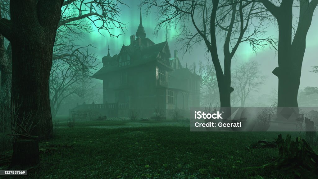 Old haunted abandoned mansion in creepy night forest with cold fog atmosphere, 3d rendering Spooky Stock Photo