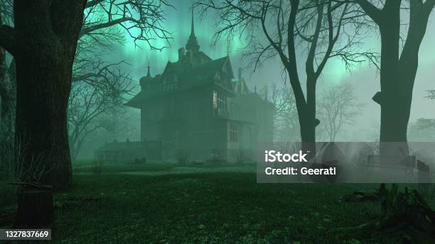 Old Haunted Abandoned Mansion In Creepy Night Forest With Cold Fog Atmosphere 3d Rendering Stock Photo - Download Image Now