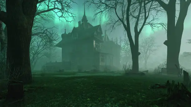 Photo of Old haunted abandoned mansion in creepy night forest with cold fog atmosphere, 3d rendering
