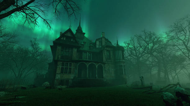 istock Old haunted abandoned mansion in creepy night forest with cold fog atmosphere, 3d rendering 1327837680