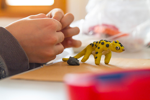 Smiling latin preschool kid boy having fun with dough, colorful modeling compound clay animals as a turtle, tiger and more in his bedroom studio.