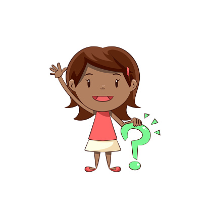 Cute child asking, happy girl raising hand, having question, holding query sign, concept, answer, reply, doubt, solution, one, young, woman, person, cartoon character, smiling, pretty, female, vector illustration, isolated, white background